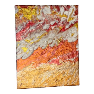 1970s Three Shades of Gold Abstract Modern Acrylic on Canvas Painting Signed For Sale