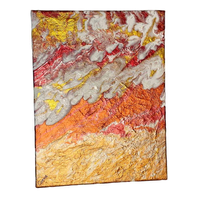 1970s Three Shades of Gold Abstract Modern Acrylic on Canvas Painting Signed For Sale