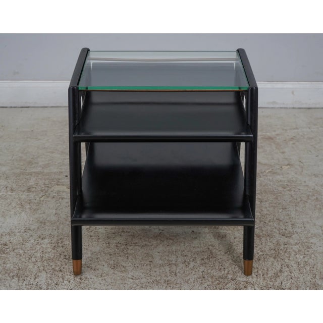 Age: C.1960s Details: Modern Style High Quality Construction Black Lacquer Finish Glass Tops James Mont Design Tables...
