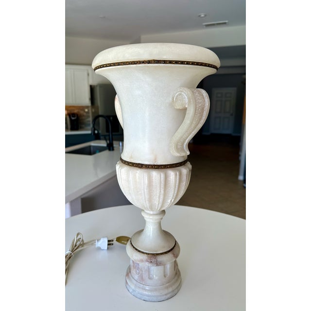 Single Italian Tall Alabaster and Brass Urn Handles Table Lamp For Sale - Image 13 of 18
