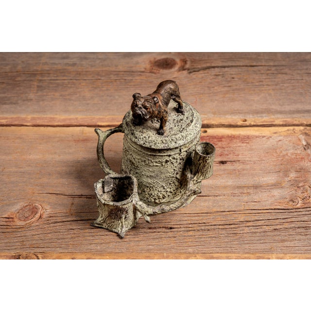 Early 20th-Century Cast Metal Bulldog Tree Stump Desk Humidor For Sale - Image 4 of 9