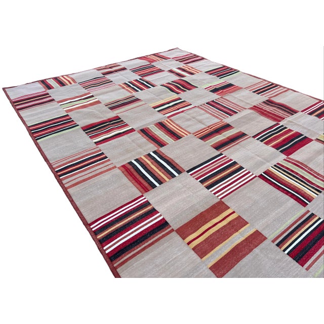 Textile Handwoven Cotton Area Rug Vegetable Dyed Beige and Red Tile Patterned Dhurrie - 6'x9' For Sale - Image 7 of 10