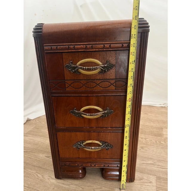 1920s Art Deco Nightstand Bed Side Table Three Drawers Bakelite Handles Waterfall Top For Sale - Image 9 of 12
