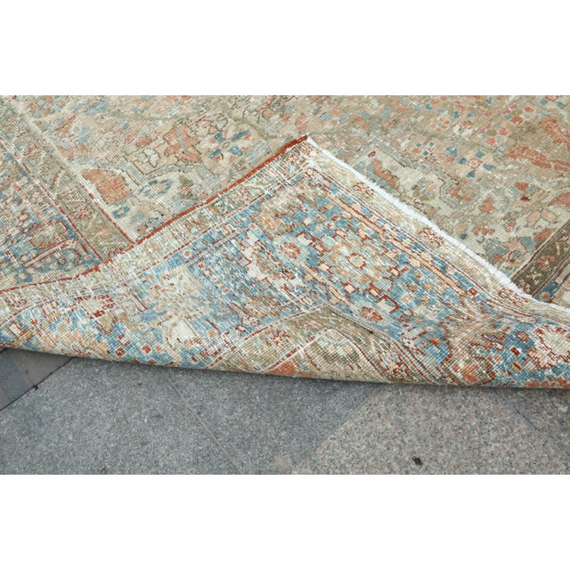 Antique Distressed Heriz Rug – Handwoven Wool on Cotton, Faded Blue & Terracotta Medallion Carpet -7' 11'' X 11' 2'' For Sale - Image 18 of 18