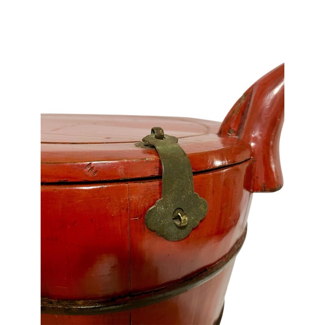 Chinese Antique Chinese Red Lacquered Wooden Storage Box For Sale - Image 3 of 8