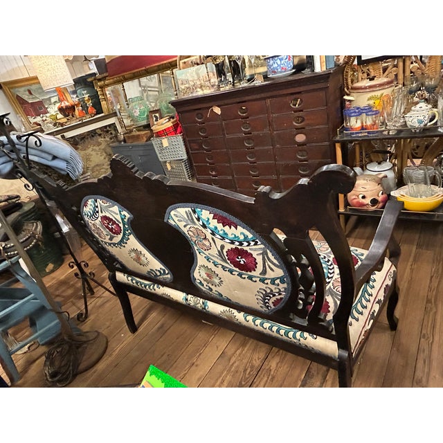 Antique Victorian Style Carved Mahogany Loveseat With Suzani Textile Upholstery For Sale - Image 10 of 18