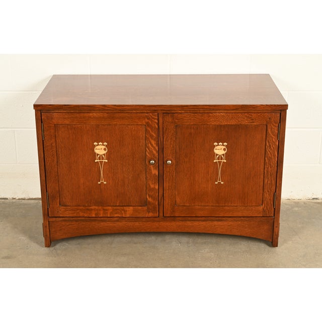 Mission Stickley Harvey Ellis Collection Mission Arts & Crafts Inlaid Oak Console or Media Cabinet For Sale - Image 3 of 15