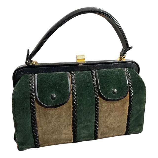 1960s Green and Brown Suede and Black Leather Italian Top Handle Bag For Sale