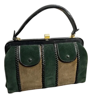 1960s Green and Brown Suede and Black Leather Italian Top Handle Bag