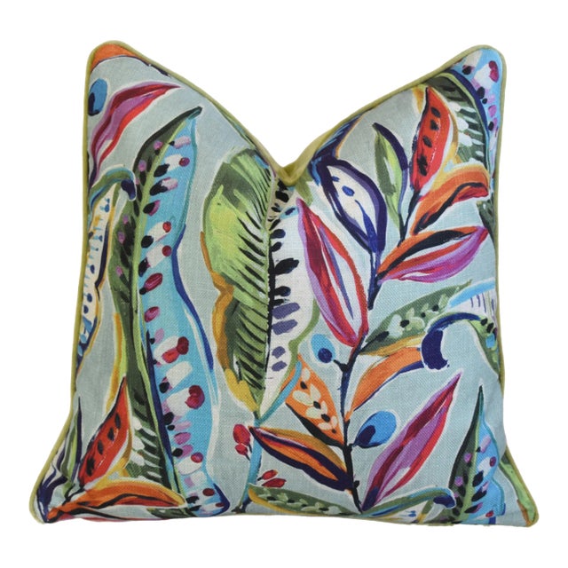 Designer Enrique Carnival Colorful Botanical Floral Leaf Feather/Down Pillow 22" Square For Sale