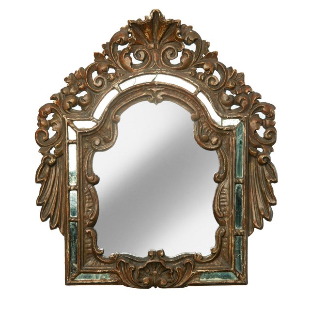 Early 19th Century rustic giltwood antique Italian mirrors: a pair Hand carved giltwood surrounds the mirror in mosaic...