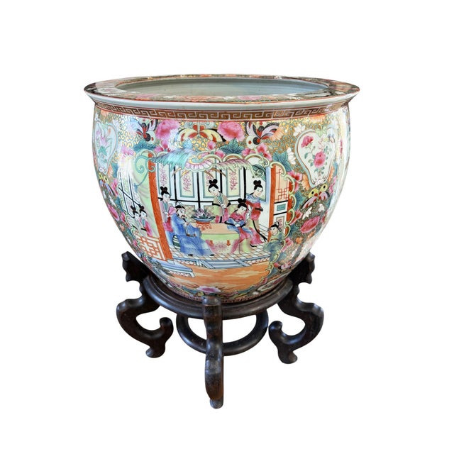 Vintage Rose Medallion Jardiniere/Cache Pot /Planter W/Stand 23" H For Sale - Image 9 of 10