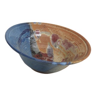 Large Ceramic Centerpiece Bowl Wide Flared Rim and Speckled Blue Red Glaze 5000b For Sale