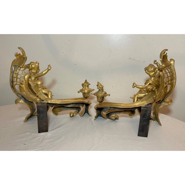 Pair 1800's Ornate Dore Bronze Figural Fireplace Andirons Cherub Putti Chenets For Sale - Image 9 of 14