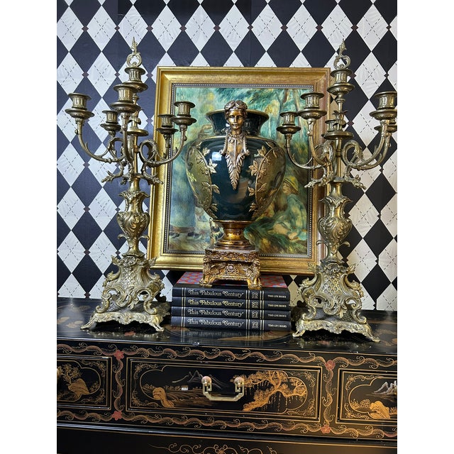 Rococo Pair of Grand Scale Brass Rococo Revival Six-Light Candelabra, 28"h For Sale - Image 3 of 15