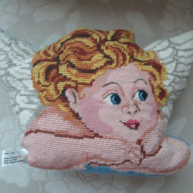 Textile Vintage Golden Hair Angel Needlepoint Decorative Pillow Velvet Back For Sale - Image 7 of 7