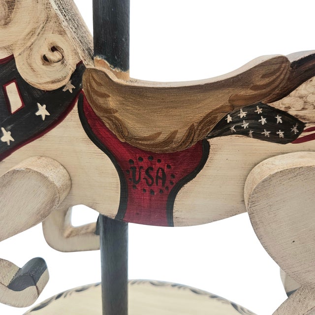 Hand Carved Patriotic Wooden Horse, Signed & Dated Americana Folk Art Sculpture, 1987 For Sale - Image 4 of 11