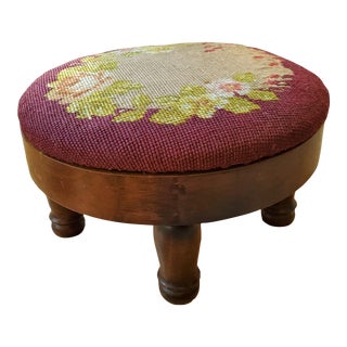 Vintage Petite Round Burgundy Needlepoint Footstool For Sale