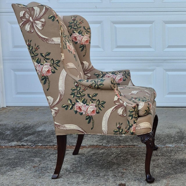Late 20th Century Hickory Chair Cocoa Brown Rose and Ribbon Pattern Wing Back Arm Chair For Sale - Image 9 of 13