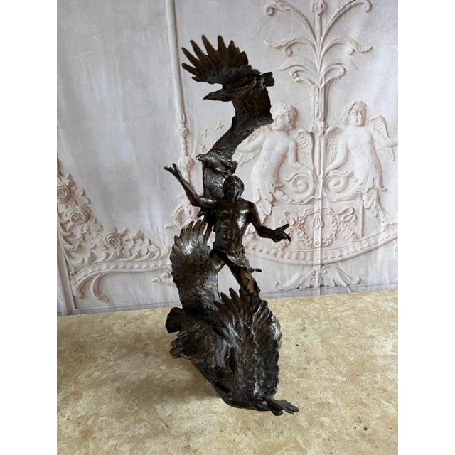 Black Monumental Bronze Sculpture of Native Warrior and Eagles, Dynamic Art For Sale - Image 8 of 14