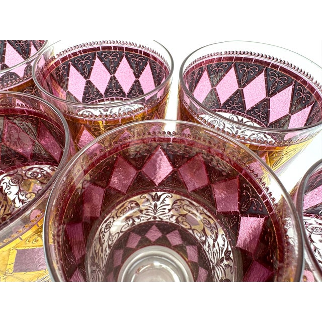 Pink Mid Century West Virginia Glass Company Pink Highball, Regal Amethyst & 22k Gold Harlequin Motif- Set of 7 For Sale - Image 8 of 9