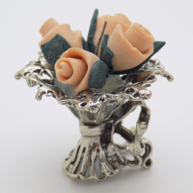 Vintage Italian Handmade Genuine Silver & Salt Dough Flower Bouquet Dollhouse Miniature For Sale - Image 4 of 12