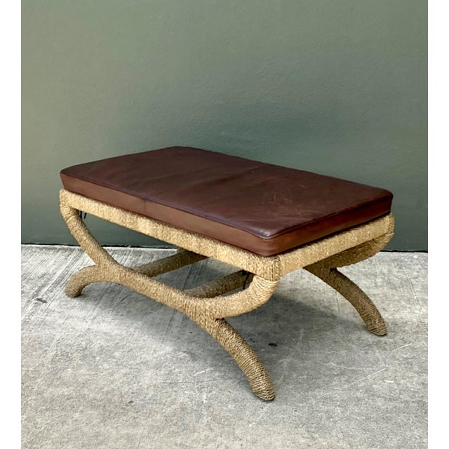 Vintage Rattan and Leather Bench For Sale - Image 13 of 18