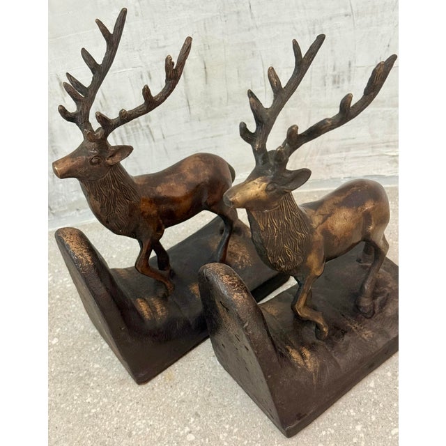 Cabin Vintage 'Ralph Lauren Style' Sculptural Bronze-Clad Cast Iron Elk, Stag, Deer With Antlers Bookends- A Pair For Sale - Image 3 of 12