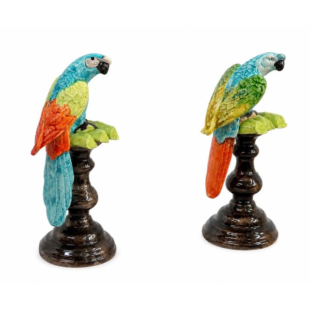 Elevate your interior decor with this magnificent pair of vintage Italian majolica ceramic parrot sculptures, masterfully...