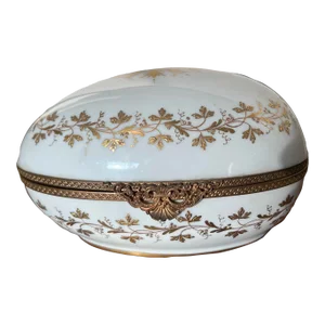 1940s Oversized Le Tallec Porcelain Egg Shaped Dresser Box Gilt Foliate Decoration