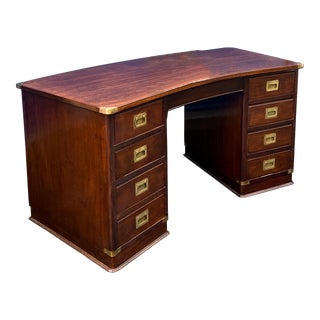 1950s English Campaign Style Mahogany & Brass Demilune Form Desk For Sale