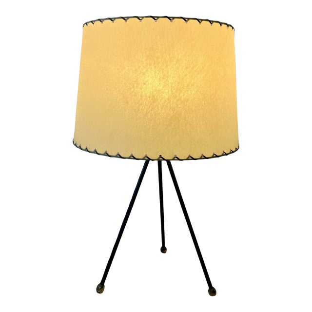 Mid-Century Modern Tripod Table Lamp With Laced Parchment Shade For Sale