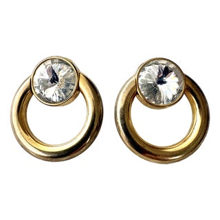 1980s Gold Plated Rivoli Crystal Door Knocker Earrings, For Sale