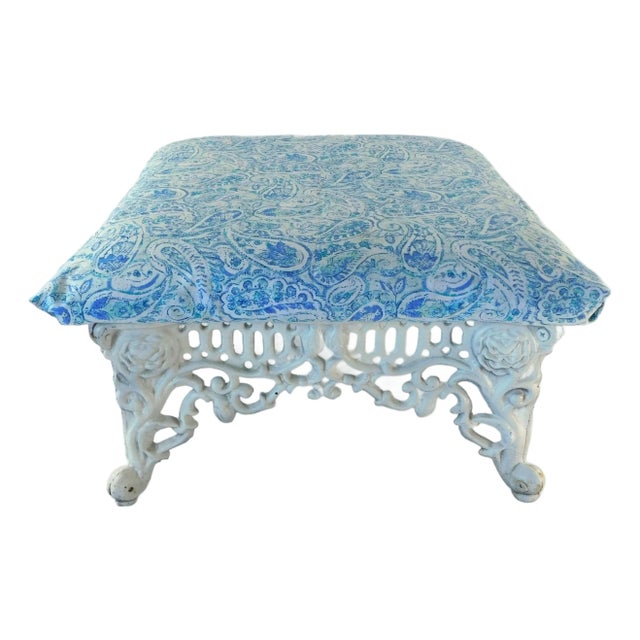 Vintage Mid Century Cast Iron Roses Blue & White Upholstered Footstool For Sale
