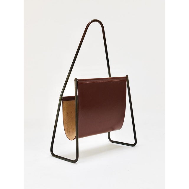 Mid-Century Magazine Rack in Brass & Brown Leather attributed to Carl Auböck, Austria, 1950s For Sale - Image 13 of 18