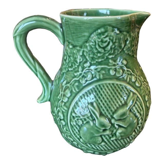 1990s Bordallo Pinheiro Green Bunny Rabbit Pitcher For Sale