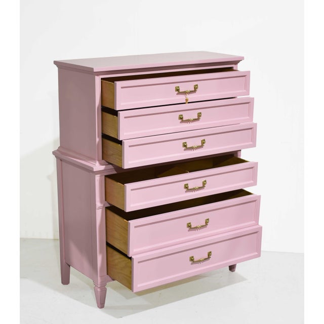 Pink Mid Century Transitional Highboy Dresser by Dixie Furniture in Pink - Newly Painted For Sale - Image 8 of 14