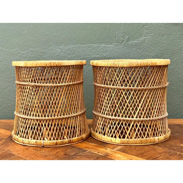 Mid-Century Modern Vintage Woven Rattan Accent Tables - Set of 2 For Sale - Image 3 of 14
