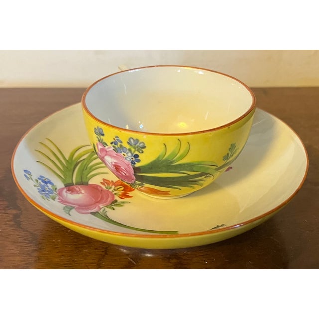 19th Century Antique 19th Century Meissen Porcelain Tea Cup and Saucer With Tropical Floral Decoration on a Bright Yellow Ground For Sale - Image 5 of 11