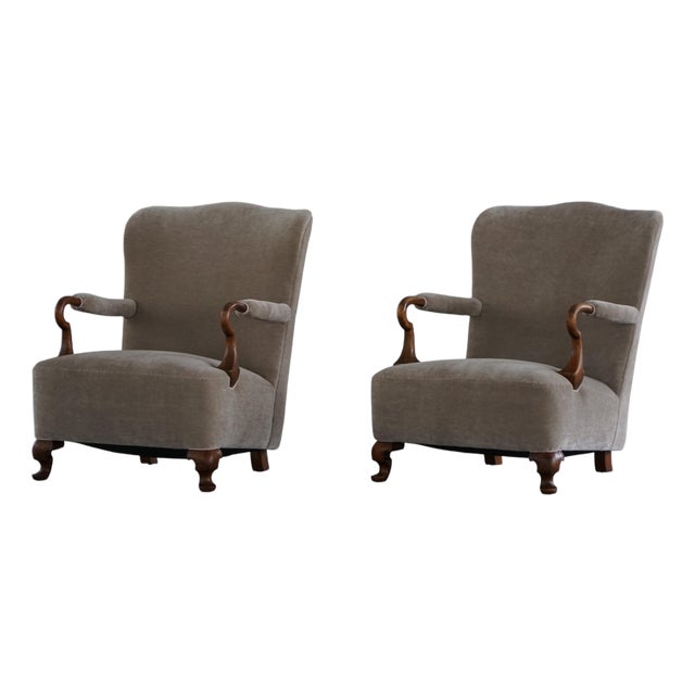Antique Danish Armchairs in Velvet, 1920s, Set of 2 For Sale