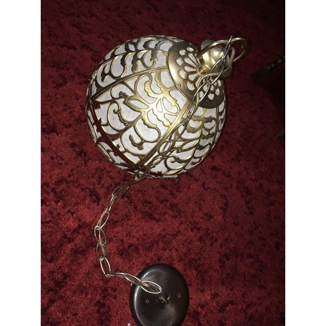 Japanese Antique Brass Globe Pendant Light With Rice Paper Lining For Sale - Image 3 of 3