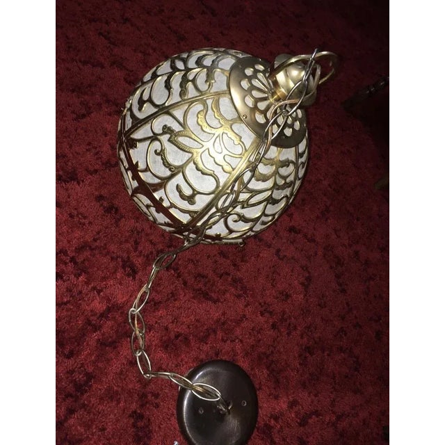Japanese Antique Japanese Brass Globe Pendant Light With Rice Paper Lining For Sale - Image 3 of 3
