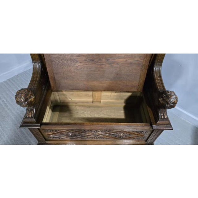 Wood Vintage Green Man Hall Monks Bench, 1920 For Sale - Image 7 of 14