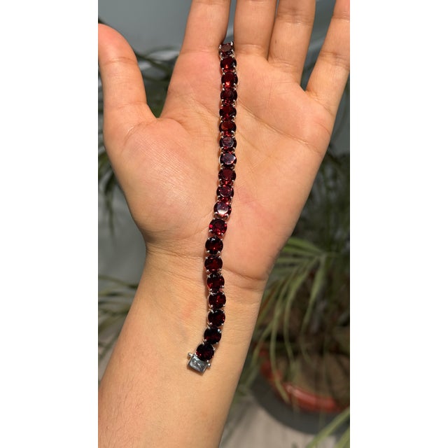 925 Sterling Silver Round 52.45 Ct Red Garnet Tennis Bracelet Everyday Luxe Style For Sale - Image 4 of 14