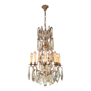 Antique French Gothic Revival Brass Crystal Chandelier Tall 9 Light For Sale