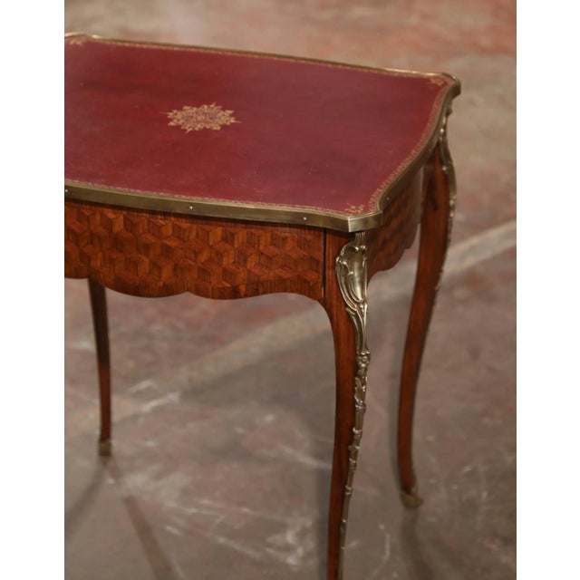 19th Century French Louis XV Walnut Marquetry Side Table With Leather Top For Sale - Image 4 of 9