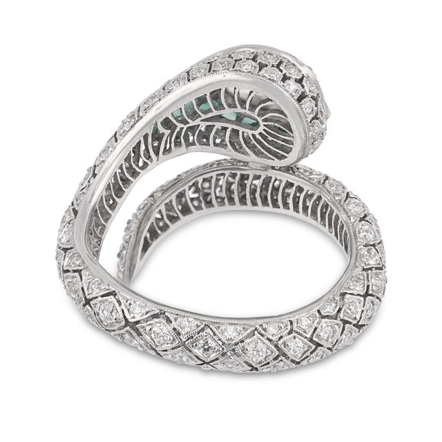 Rose Cut Diamond Emerald Platinum Snake Wrap Ring, Size 8.75 For Sale In Los Angeles - Image 6 of 6