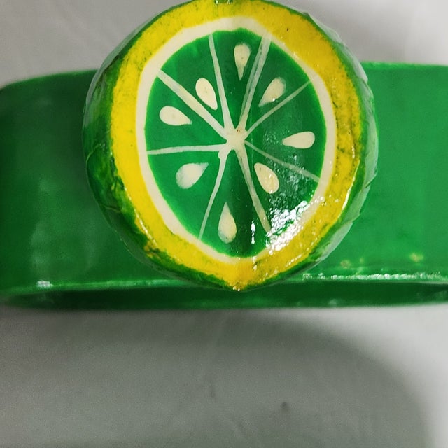 Vintage Lacquered Hand-Painted Papier Mâche Lime Napkin Rings, Set of 6 For Sale - Image 13 of 14