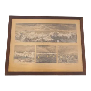 19th Century Hand Colored Nautical Engraving Print of Whaling Ships