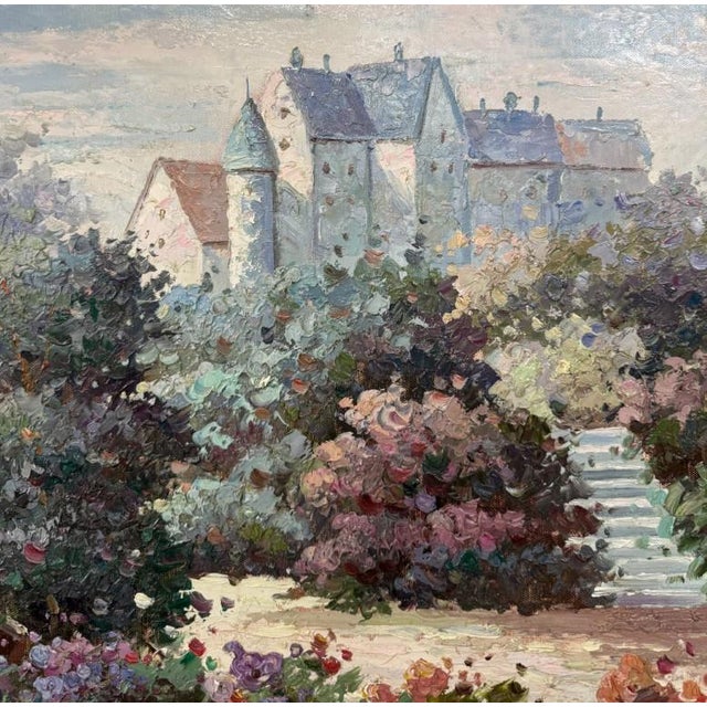 Blue Late 20th Century Original Oil on Canvas of Countryside Bridge and Garden For Sale - Image 8 of 10